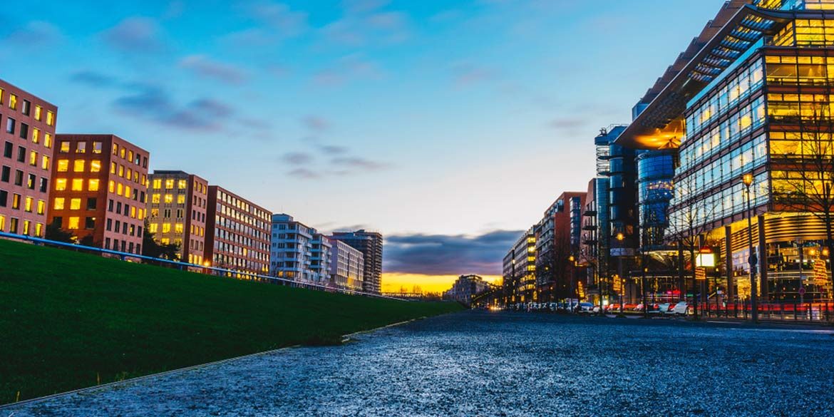 Office buildings in twilight